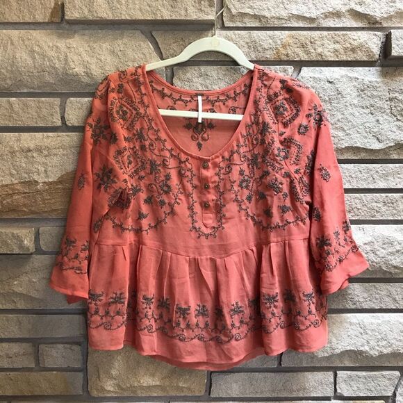 Free People Pennies Sequel Embroidered Top coral Peach small boho sheer - Picture 8 of 9